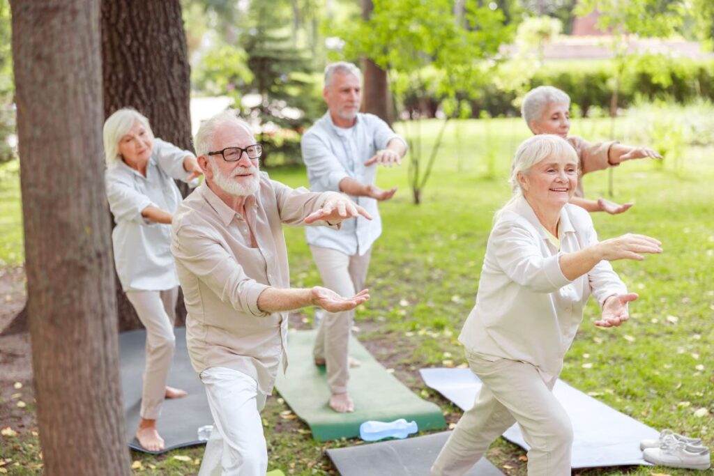 Grupo de idosos a fazer exercício ao ar livre, beneficiando do Programa Lisboa+55.