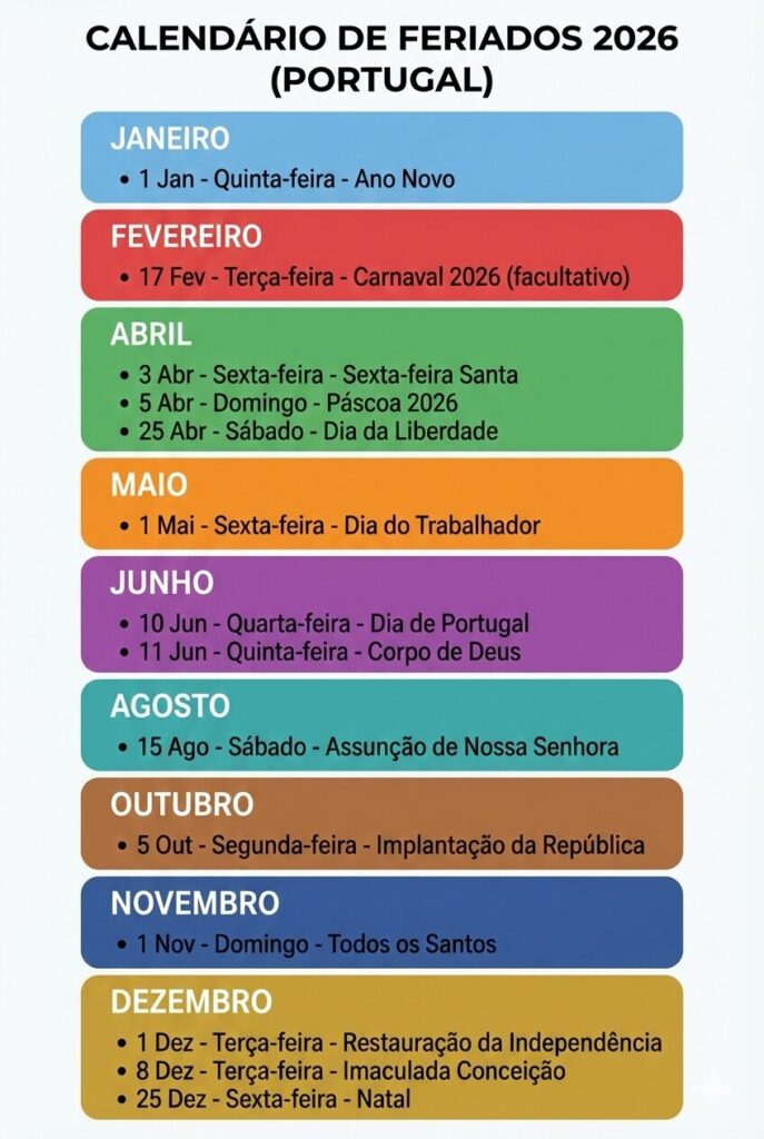 Calendário de feriados 2026 em Portugal com datas nacionais e móveis.